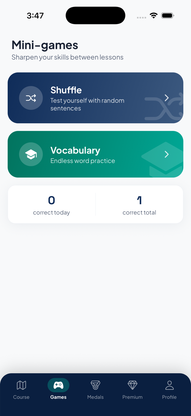 Language learning app: Practice games between lessons