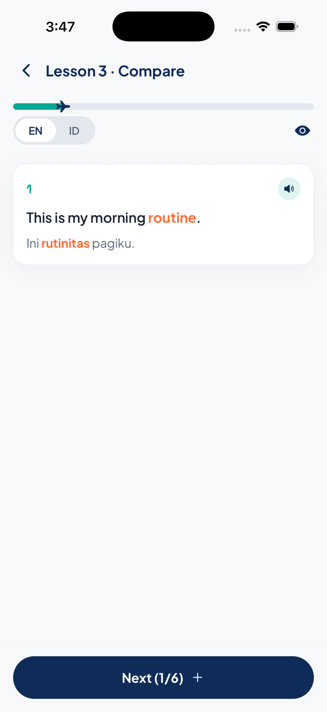 Language learning app: A lesson, comparing sentences with audio